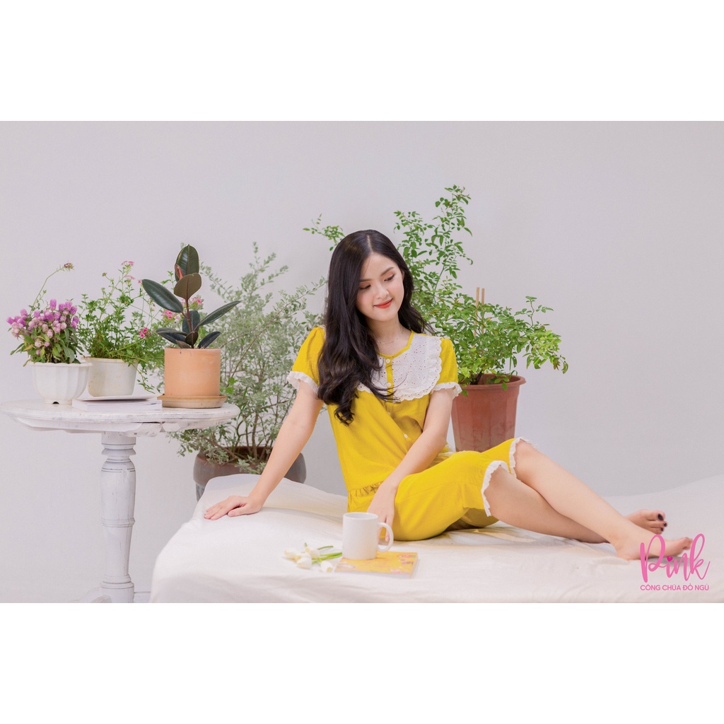 Bộ Pijama Nữ Màu Vàng Tay Ngắn Vải Đũi Chất Lượng Mềm Mịn Mát Đồ Ngủ Dễ Thương Nữ Tính Trẻ Trung Phong Cách Hàn Quốc