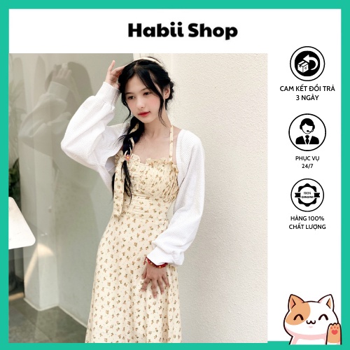 Set Váy Hoa Nhí Cổ Yếm Dáng Dài Kèm Áo Khoác Cardigan Croptop Ulzzang Habii V02
