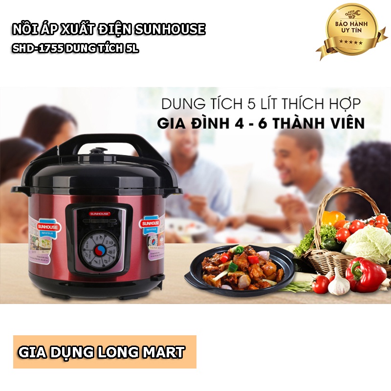 Nồi áp suất điện Sunhouse SHD1755 5 Lít, Chế độ ninh hầm siêu nhanh tiết kiệm thời gian,Tặng kèm xửng hấp, BH 12 Tháng