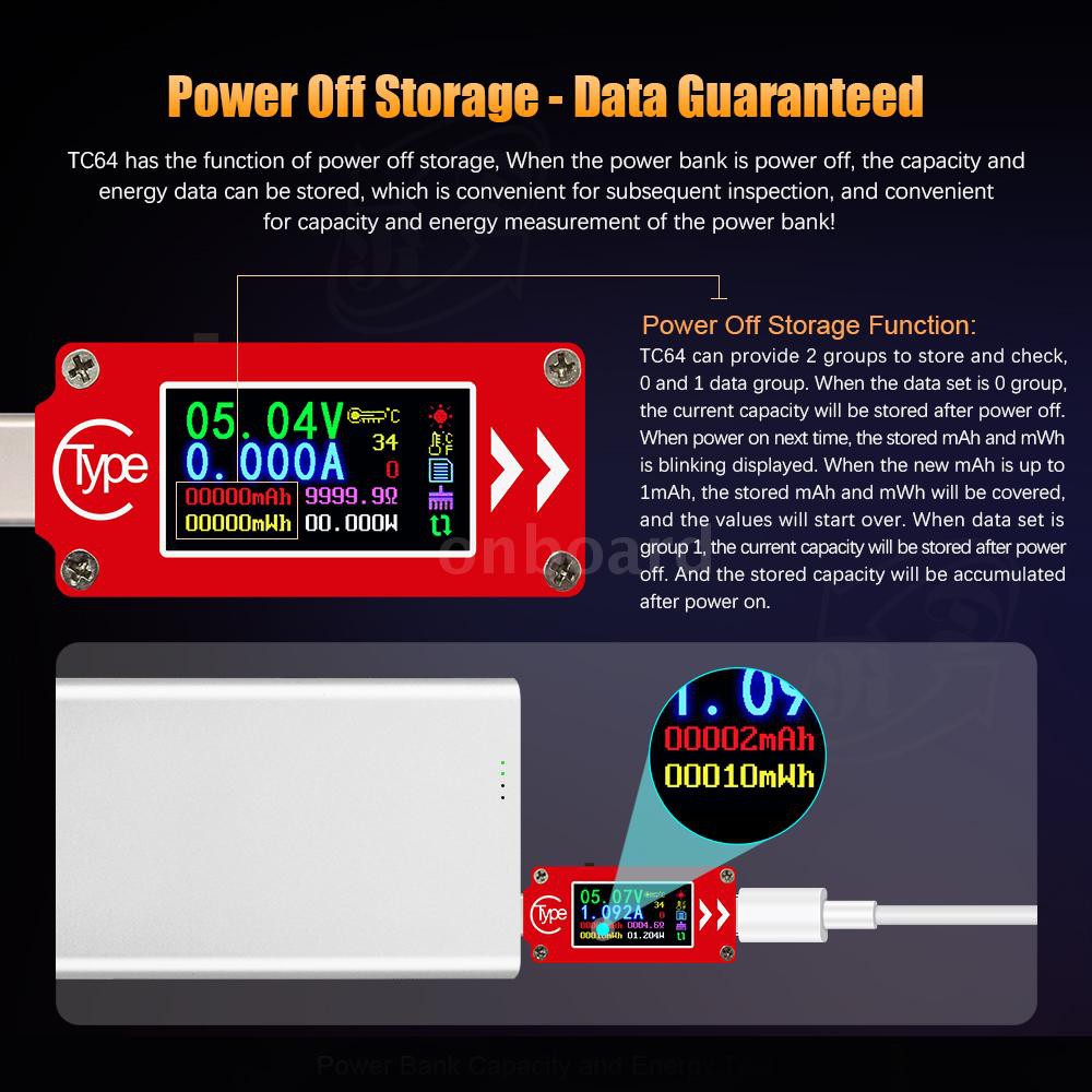 TC64 Type-C Color LCD Display USB Voltmeter Ammeter Voltage Current Meter Multimeter Battery PD Recharge Power Bank USB Tester