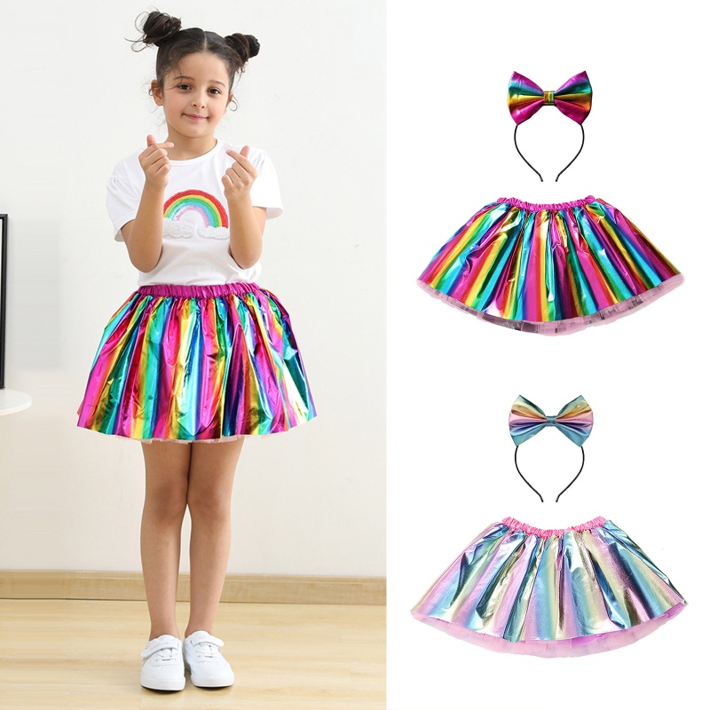 Bộ 2 Chân Váy Tutu Màu Cầu Vồng Đính Nơ To Dễ Thương Cho Bé Gái