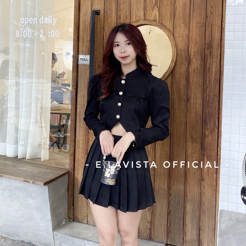 MALENA SET | Set Áo Vest Tay Bồng Mix Chân Váy Xếp Ly Kaki  ELAVISTA