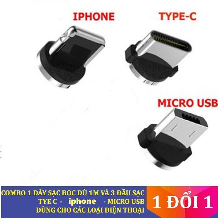 Cáp sạc nam châm 3 đầu ANDROI/IPHONE/TYPE C dài 1 mét Dây Bọc Dù Tốc Độ sạc Ổn Định