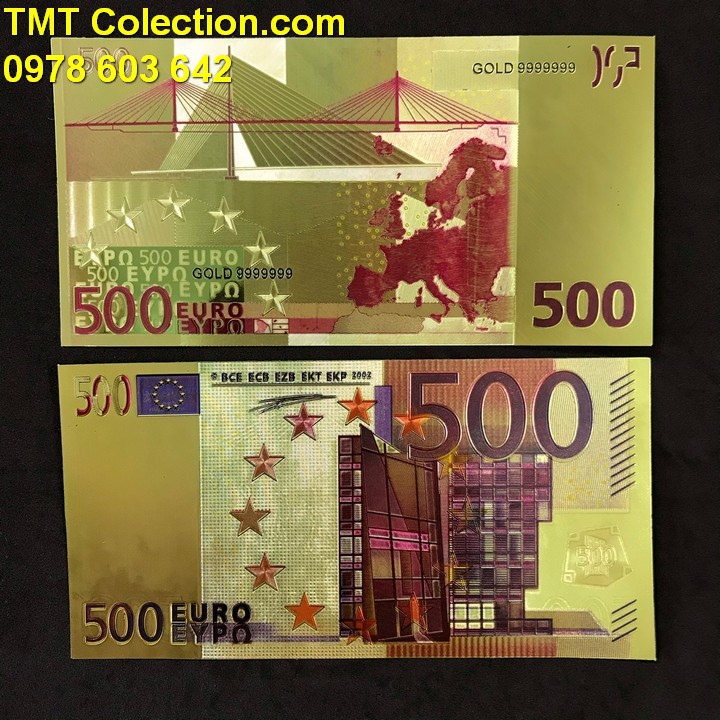 Tiền 500 EURO mạ vàng; Tờ tiền màu vàng ánh kim sáng bóng; Dài 16cm, rộng 8cm- SP000146