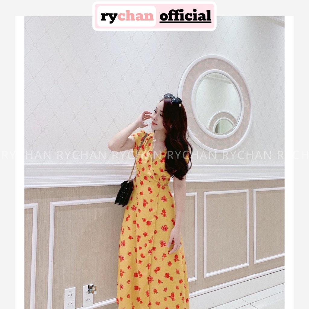 Đầm Đi Biển Maxi Vàng Đắp Chéo Hoa Đỏ Xẻ Tà - DM729
