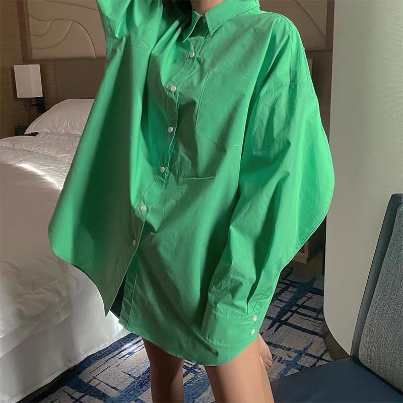 Áo sơ mi nữ form rộng dài tay chất thô mềm trơn màu trendy