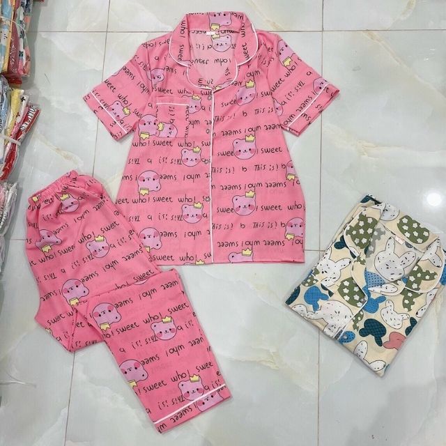 (PJ03) Bộ lụa mặc nhà nữ bigsize đồ bộ pijama lụa áo cộc quần dài chất mịn mát - sanado