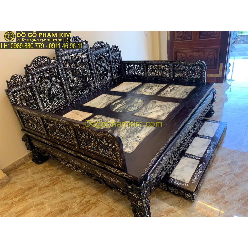 Giường ba thành ngũ sơn khảm mẫu 04 (GN01.1K)