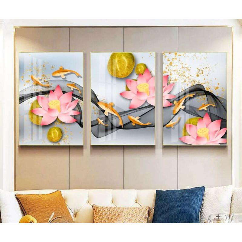 Bộ tranh treo tường đàn cá hoa sen trang trí phòng siêu đẹp
