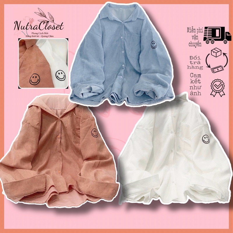 Áo khoác dáng sơmi gài nút thêu kaki nhung gân unisex ulzzang nam nữ