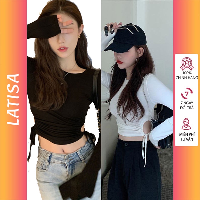 Áo croptop ôm body tay dài nữ kiểu hàn quốc khoét eo buộc dây cổ tròn đen trắng thun gân LATISA CRD03