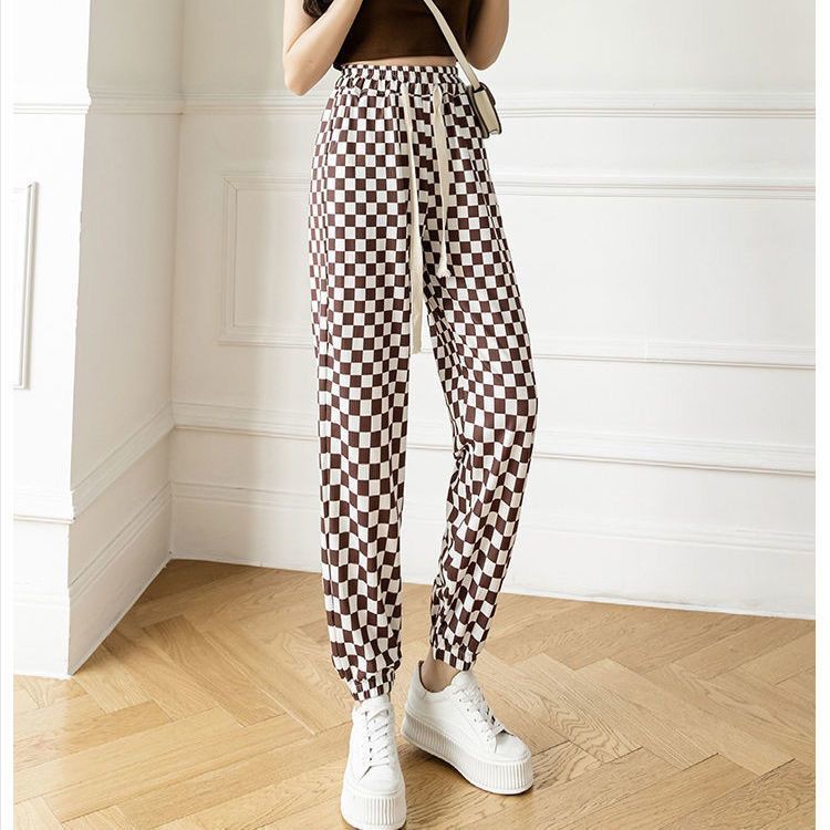 Quần Jogger Kẻ Sọc Ca Rô Ống Rộng Phối Dây Rút Thời Trang Dành Cho Nữ