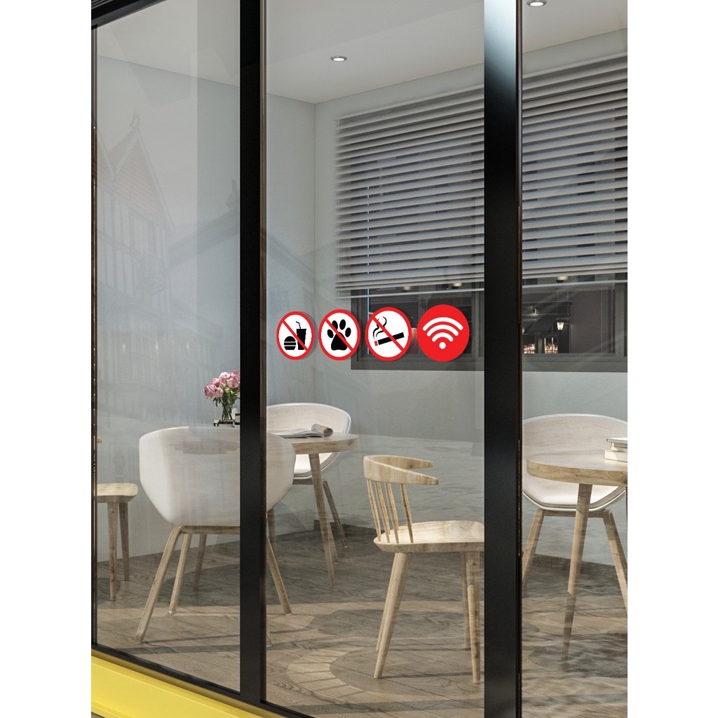 Bộ 6 Sticker Decal dán Biển Báo Đẩy Kéo cửa, No Smoking, Wifi, không đem thức ăn và thú cưng vào quán, kích thước 10cm