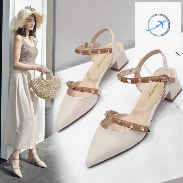 sale lớn D10- Sandals nữ tán đinh, giày cao gót đế vuông mũi nhọn 5p phong cách Hàn Quốc