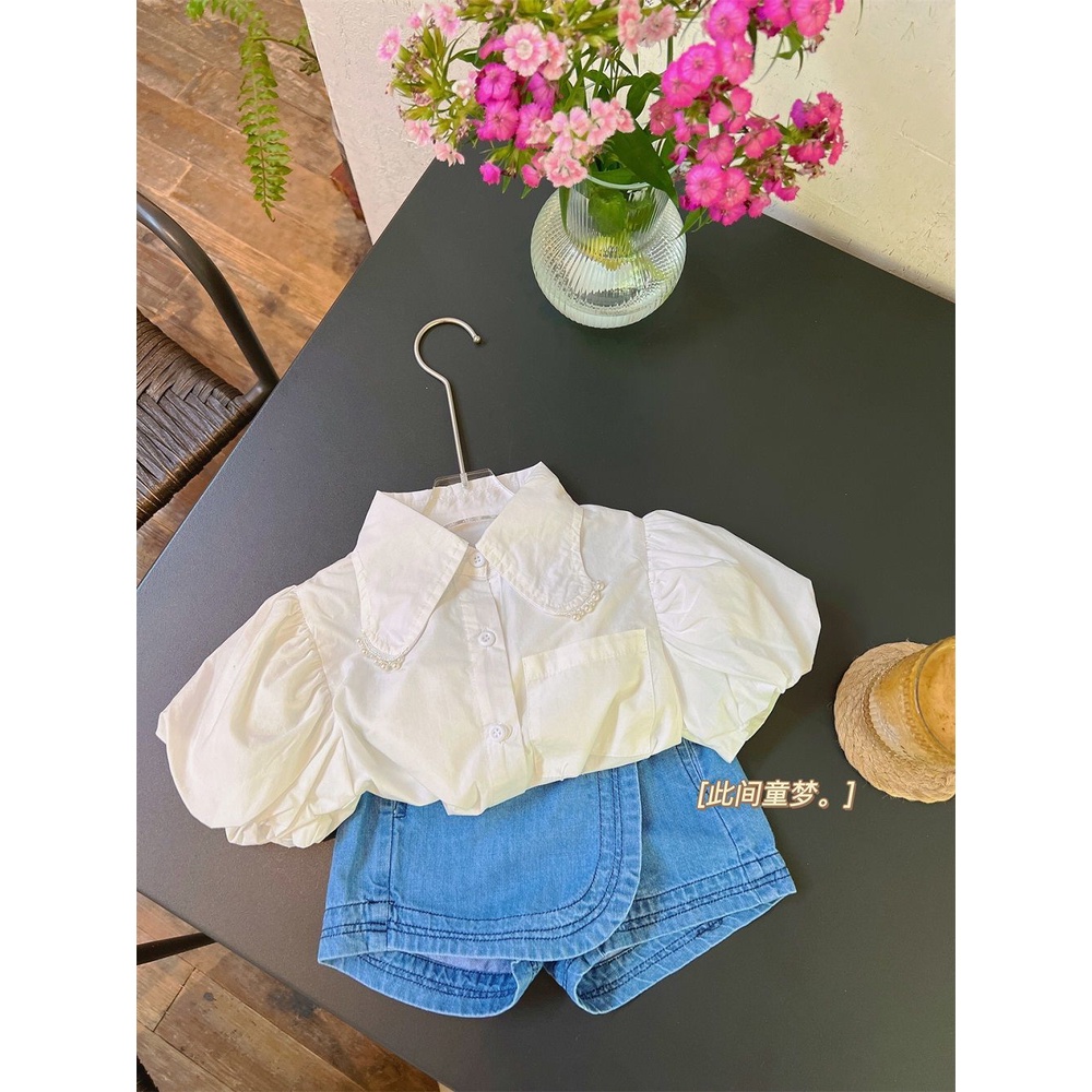 Hàng Mới Về Bộ Áo Sơ Mi Tay Phồng Phối Quần Short Denim Thời Trang Mùa Hè Cho Bé Gái 5