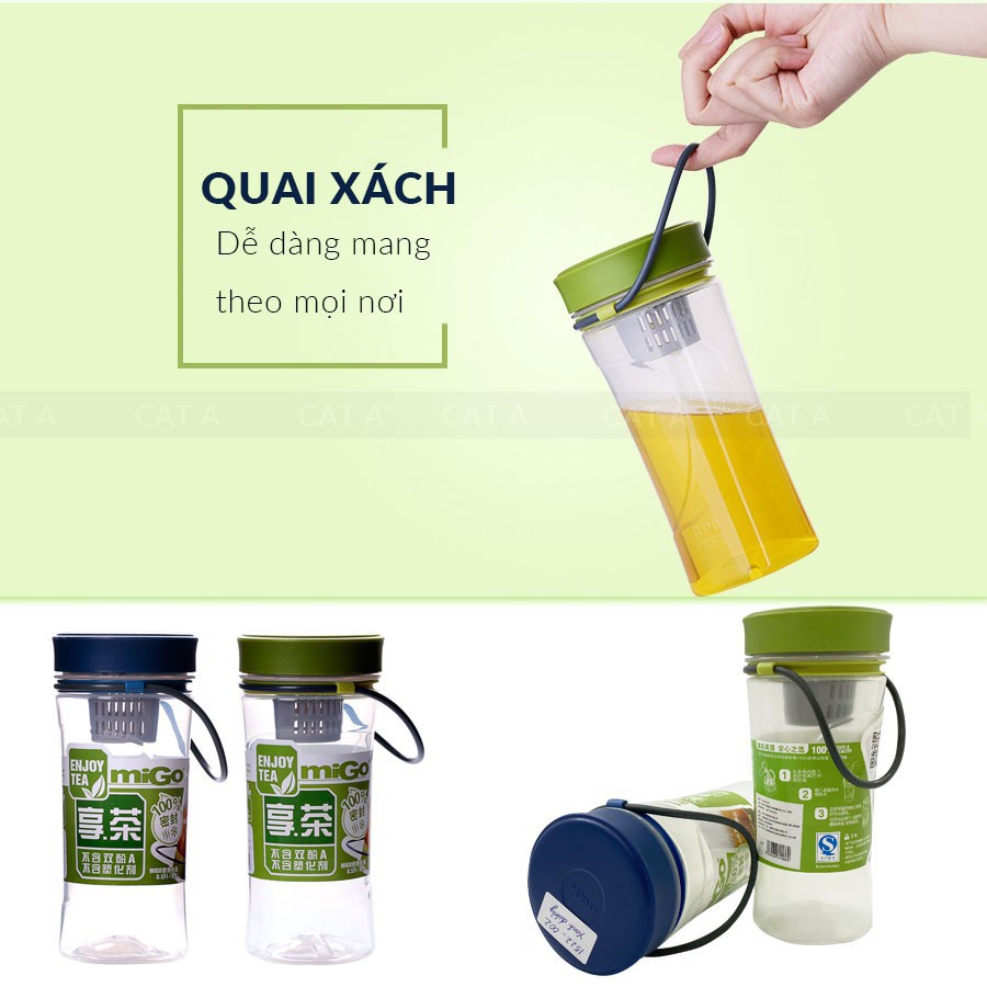 Bình nước, bình nước bằng Nhựa BPA FREE MIGO Cao cấp - 1522 - An toàn, trong suốt, có rây lọc, quai xách tiện lợi