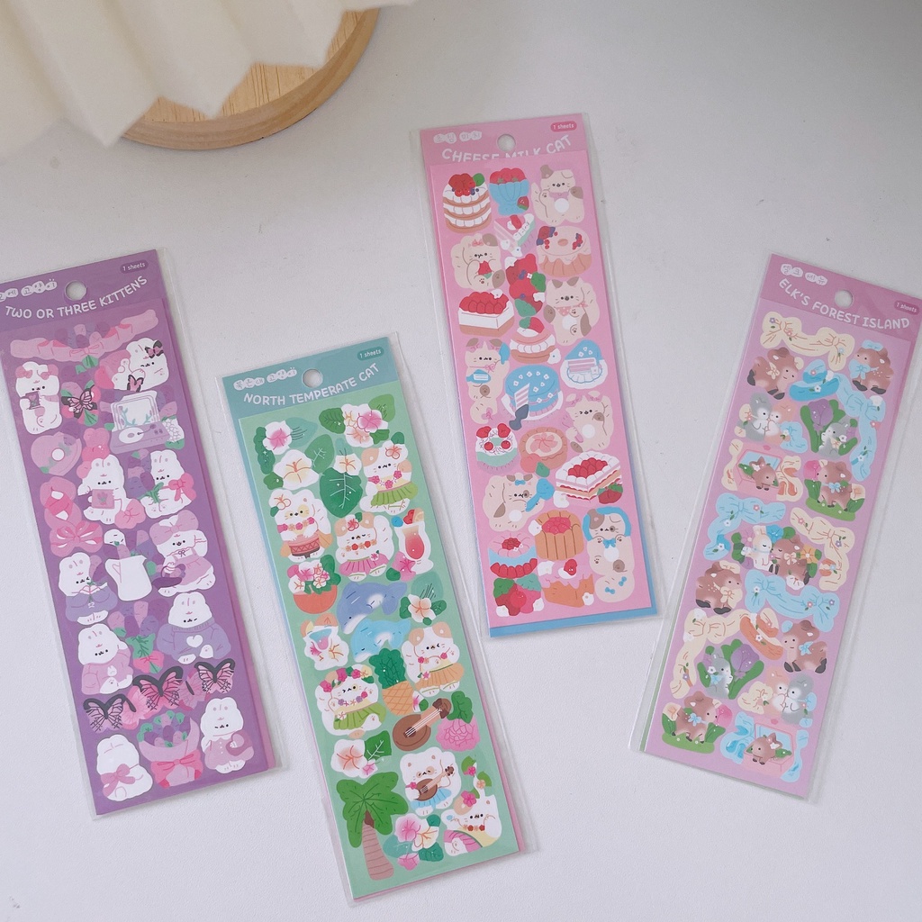 Zanmo tờ nhãn dán sticker động vật mèo thỏ gấu cún kim tuyến lấp lánh decor toploader