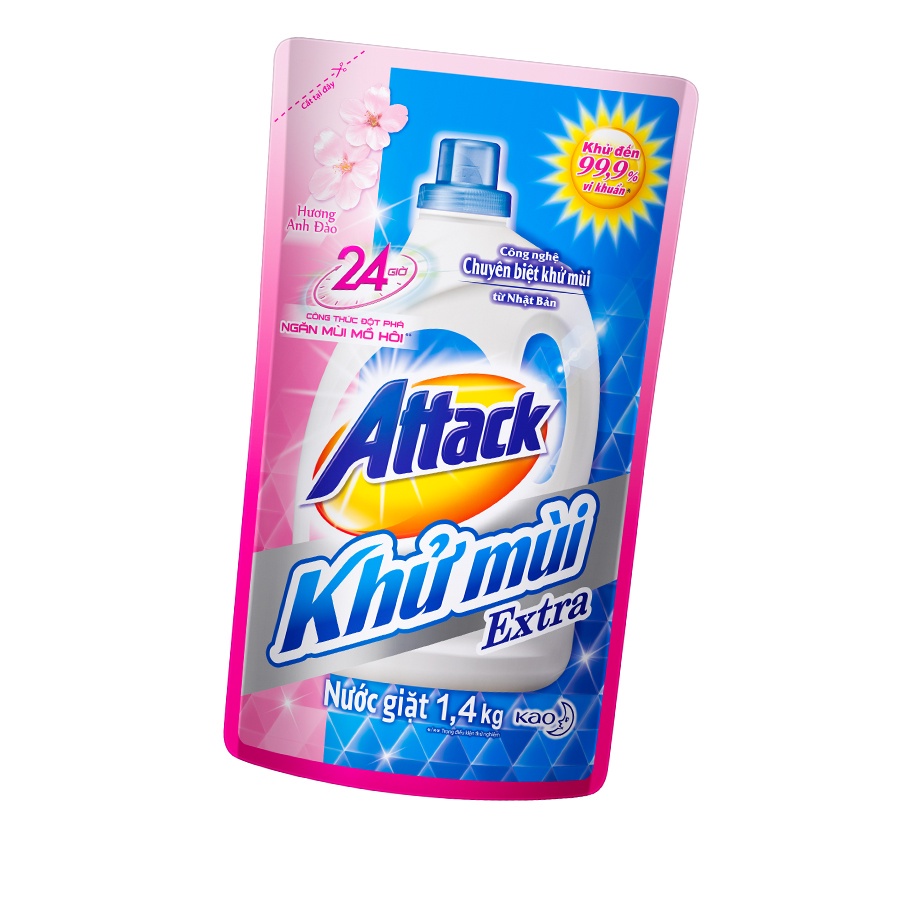 [Mã FMCGKAO4 - 8% đơn 250k] Combo 2 Nước giặt Attack Khử Mùi Extra Hương Hoa Anh Đào túi 1.4kg tặng Haiter Túi 480ml