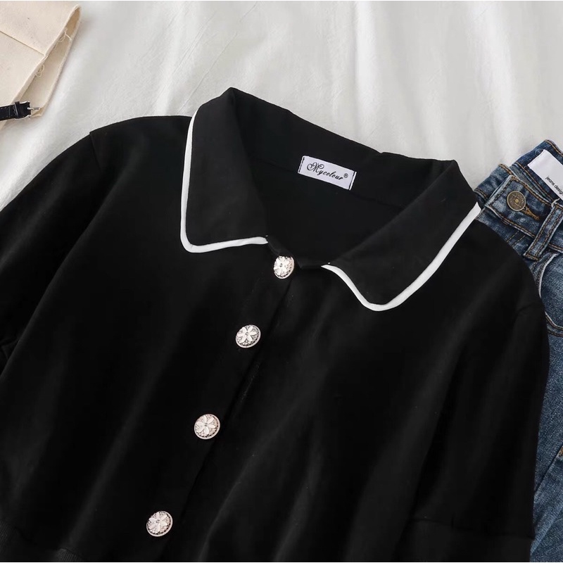 [Order] Áo polo vải len gân hoạ tiết cúc áo xinh xắn ulzzang | BigBuy360 - bigbuy360.vn