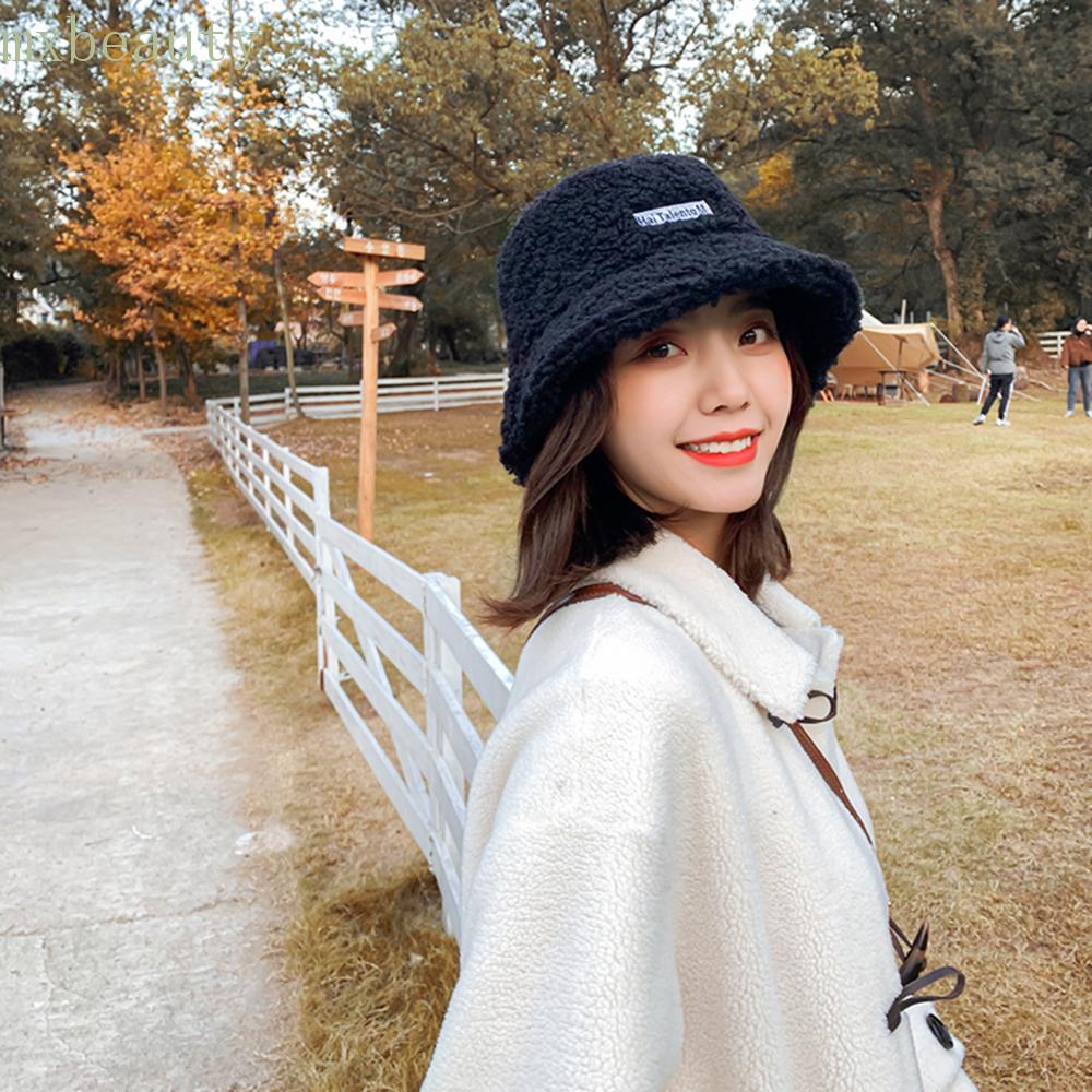 MXBEAUTY Female Bucket Hat Curly Plush Bucket Cap Cashmere Hat Women New Trendy Winter Solid Color Plush Hat Wide Brim Hat black/pink/coffee