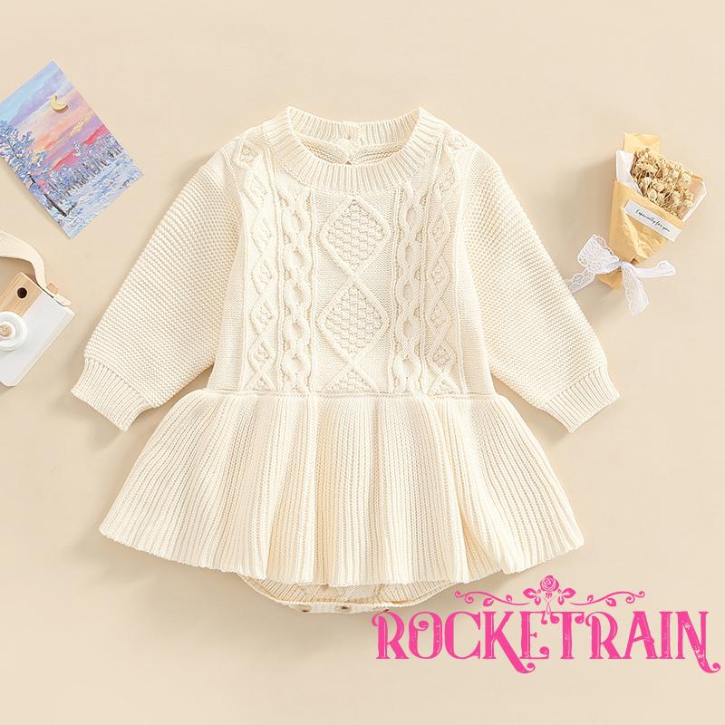 Áo Liền Quần Dệt Kim Tay Dài Cổ Tròn Màu Sắc Đơn Giản Cho Bé