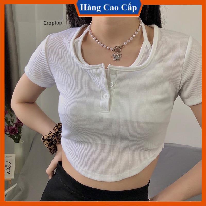 Áo croptop nữ ngắn tay cổ giả yếm Xinh 24 - Áo Kiểu Nữ ôm body Vạt Bầu Chất Thun Gân Mềm Mịn