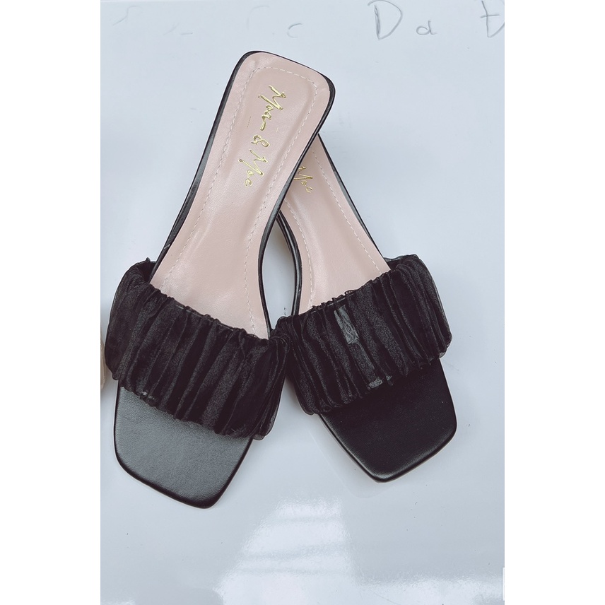 ZZ99- Dép/ guốc cao gót 4 phân gót vuông( nhún meka kết hợp voan)- bèo 4f