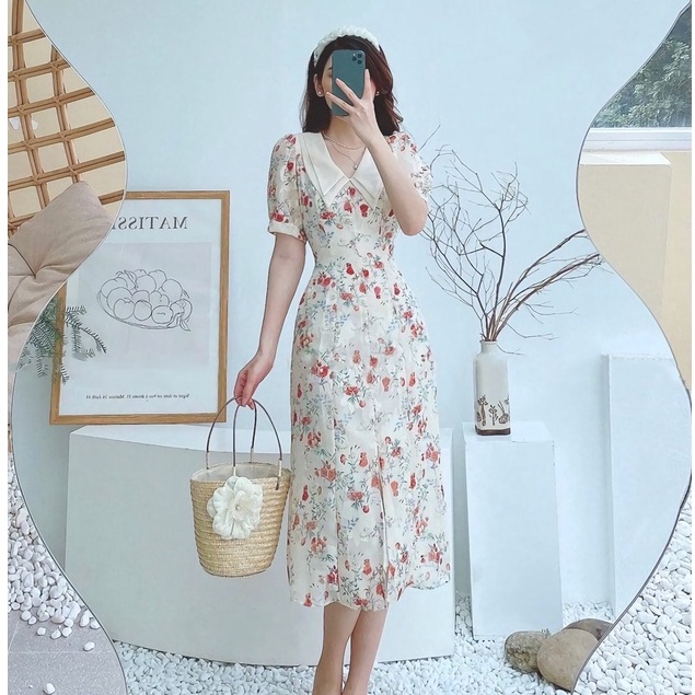 [Mã BMLT35] Váy hoa nhí công sở dáng A cổ trắng thanh lịch đính cúc ngọc chất liệu lụa mềm mại thiết kế Evalover