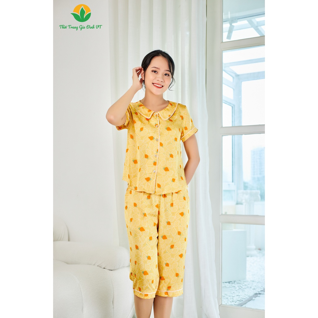 Bộ pijama lụa quần lửng áo cộc tay Việt Thắng nữ họa tiết - B46.2206