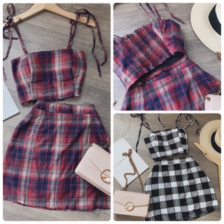 Set áo crop dây kèm chân váy caro