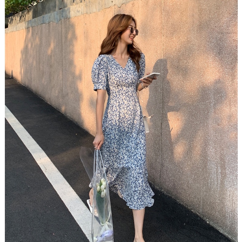 Đầm Đuôi Cá Cổ Chữ V Tay Phồng Họa Tiết Hoa Màu Xanh Dương Thời Trang Mùa Hè Hàn Quốc 2022 Cho Nữ
