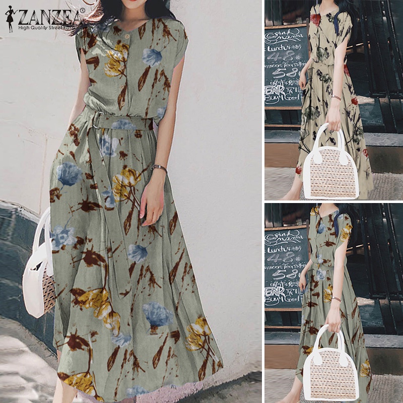 Đầm dài Zanzea tay ngắn cổ tròn in hoa thanh lịch cho nữ