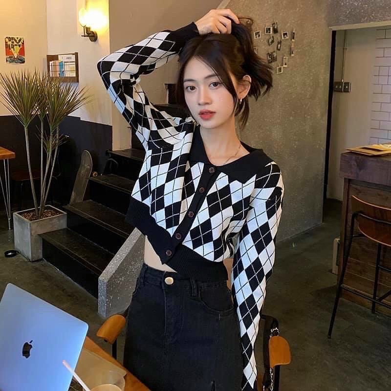 Áo khoác cadigan croptop len nữ kẻ caro dài tay thời trang Hàn Quốc- 110BK9- Đenta Shop