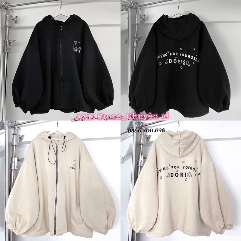 Áo khoác nỉ ngoại hoodie zip tay bồng form rộng in chữ 2 mặt (ảnh thật_annstore)