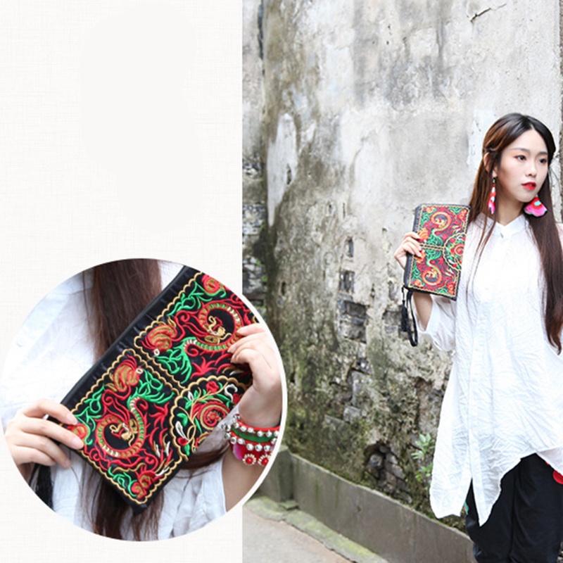 Ví Dài Vải Canvas Đựng Điện Thoại / Thẻ Thêu Họa Tiết Phối Núm Tua Cho Nữ