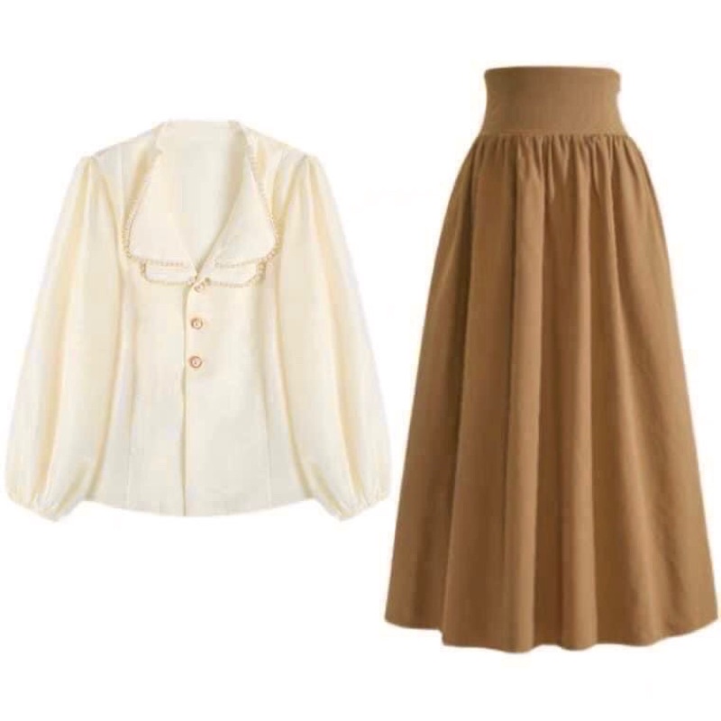 Set Áo Cổ Ngọc Kèm Chân Váy Corset Phong Cách Pháp