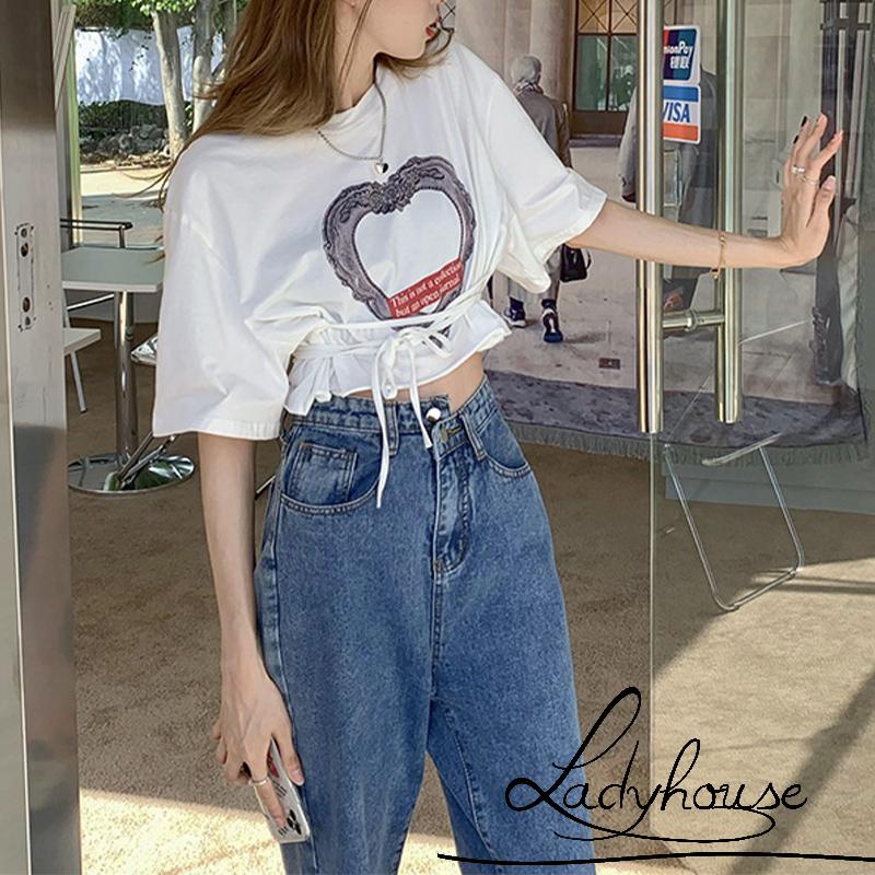 Áo Croptop Cổ Tròn Tay Ngắn In Họa Tiết Trái Tim Thời Trang Mùa Hè Cho Nữ