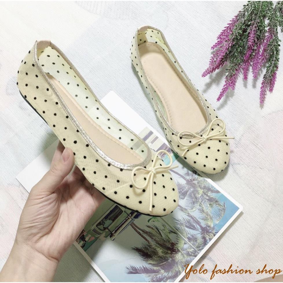 Hình thật B4-Giày bệt búp bê nữ phối lưới chấm bi xinh xắn | BigBuy360 - bigbuy360.vn