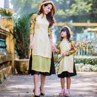 BIG SIZE 4XL Set áo dài Cách Tân Mẹ và Bé CỔ TRỤ Gấm 2 tà phối tay hoạ tiết gấm hoa hồng