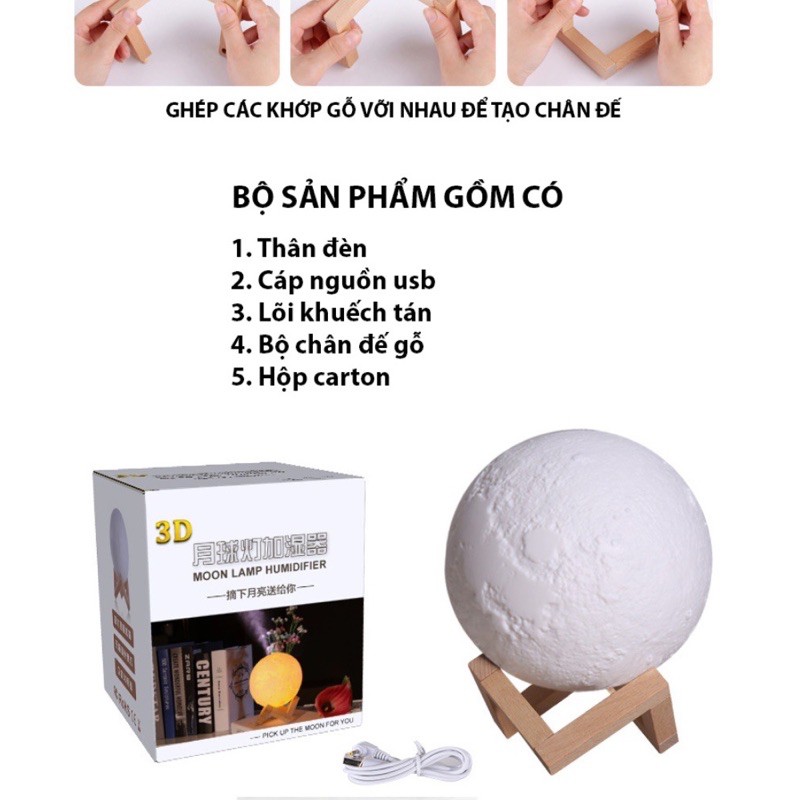 MÁY XÔNG TINH DẦU KIÊM ĐÈN NGỦ HÌNH MẶT TRĂNG CÓ ĐẾ GỖ