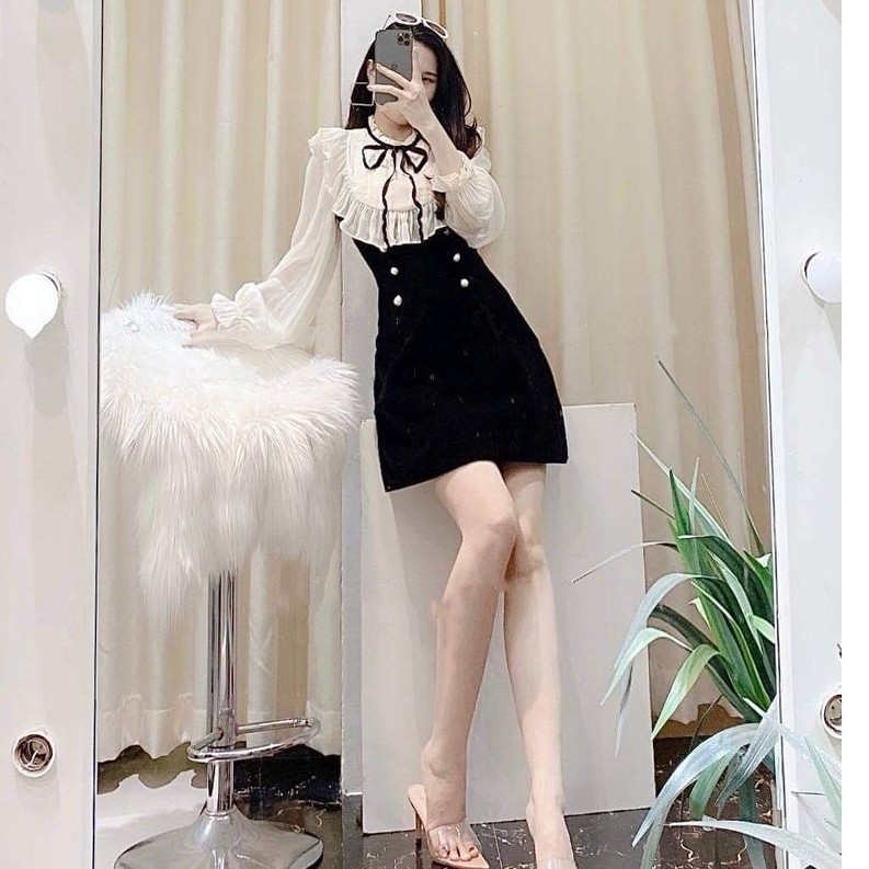 Đầm hot girl, Đầm thiểu thư siêu sang chảnh, cổ xếp ly phối cúc ngọc, tay cánh tiên xếp ly tỉ mỉ dự tiệc