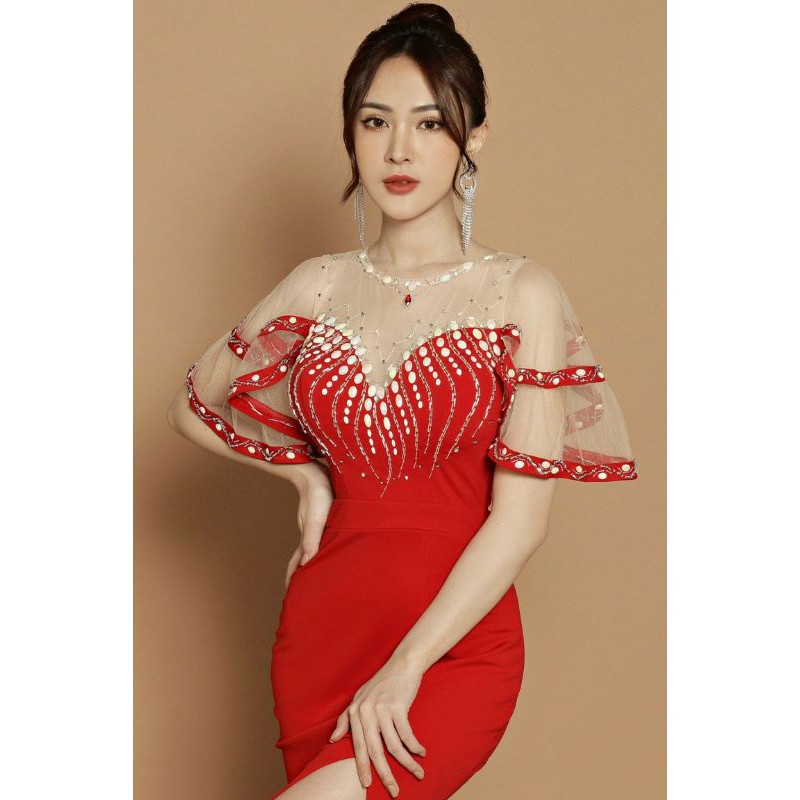 Đầm dạ hội tay loe 2 tầng cao cấp kèm ảnh thật  tặng hoa tai TẶNG KÈM HOA TAI THỜI TRANG