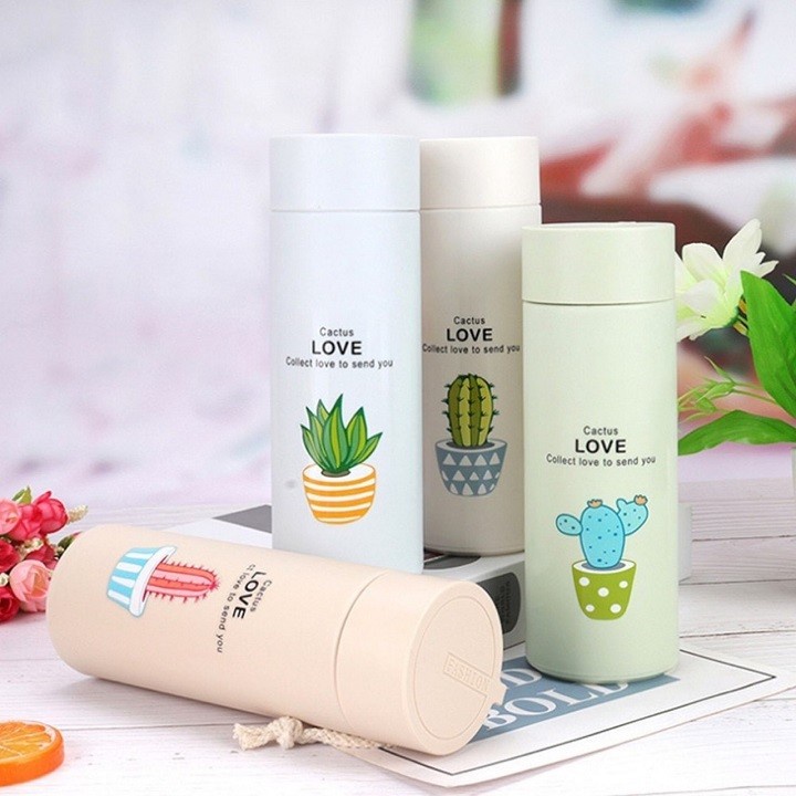 Bình đựng nước lõi thủy tinh họa tiết xương rồng dễ thương
