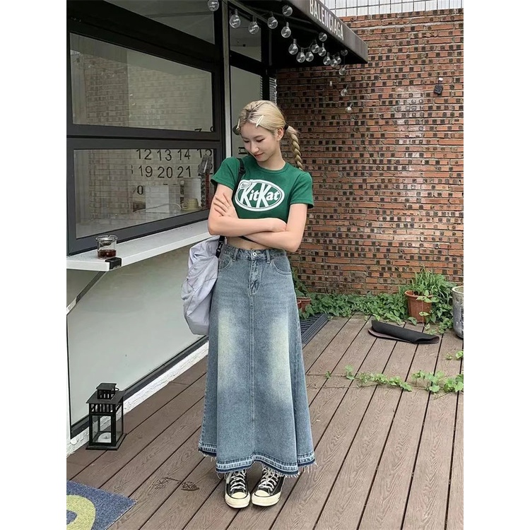 ❇☃Chân Váy Denim Chữ A Dáng Dài Rộng Dài Vừa Phải Phong Cách Retro Mỹ Cho Nữ