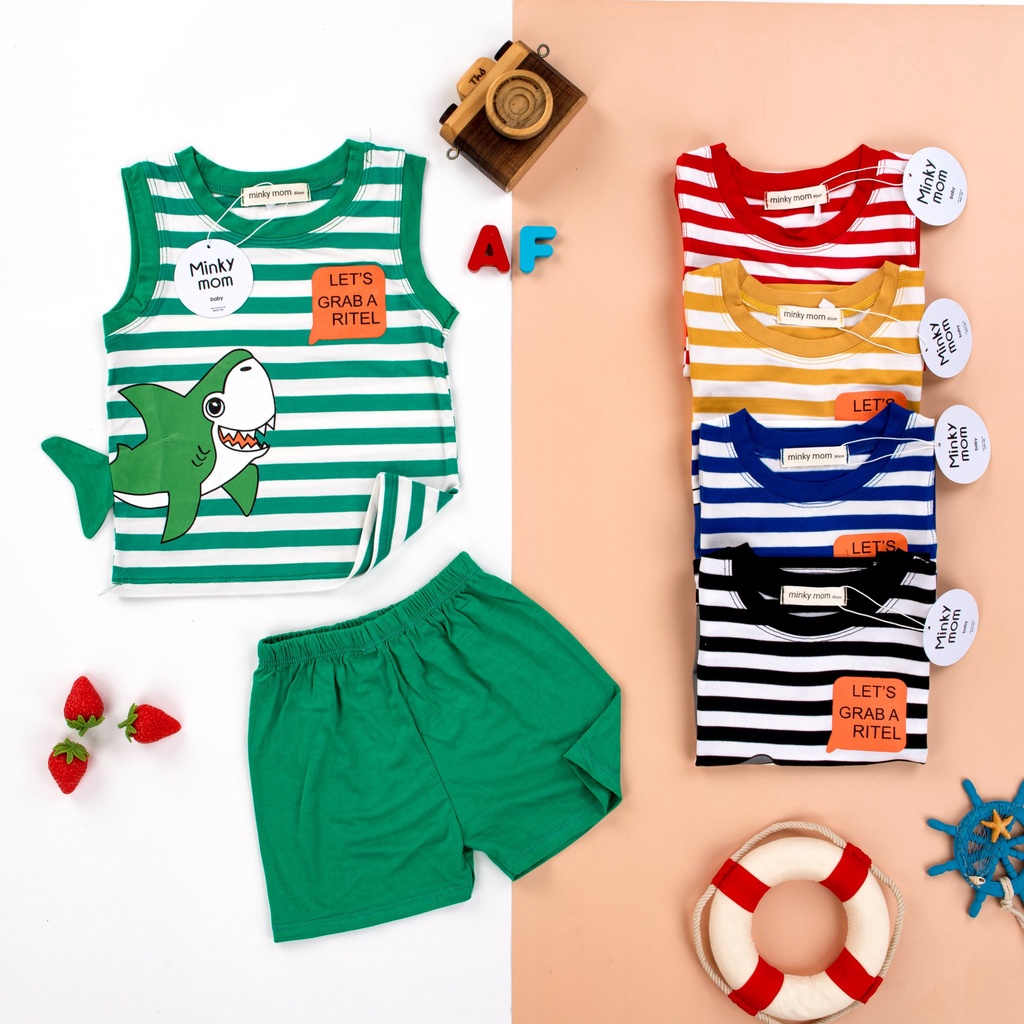 Bộ ba lỗ sọc cá mập cộc tay ATKID cho bé trai bé gái chất liệu cotton thoáng mát
