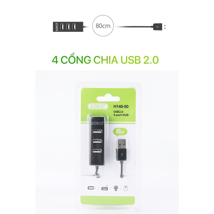 Bộ chia USB HUB 4 cổng ROBOT H140-80 dài 80cm , đa năng truyền dữ liệu tốc độ cao ổn định - HÀNG CHÍNH HÃNG