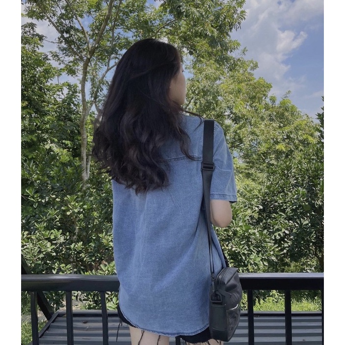 Áo sơ mi jean trơn túi hộp- áo bò ngắn tay from rộng UNISEX phong cách ulzzang hàn quốc