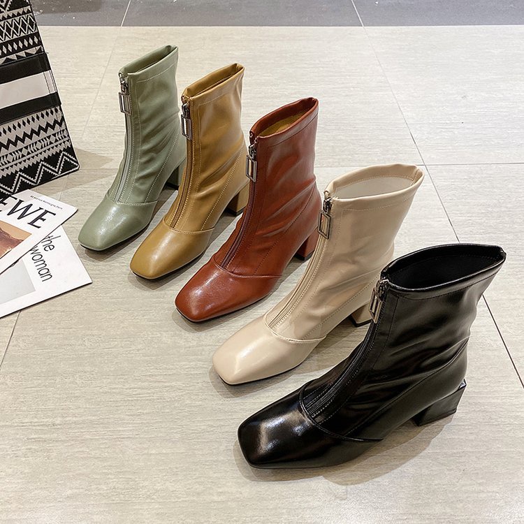 Giày bốt mũi vuông ống ngắn đế dày phối dây kéo phía trước thời trang cho nữ | BigBuy360 - bigbuy360.vn