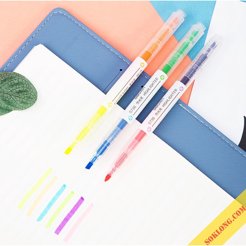 Set 3-6 bút highlight 2 đầu đánh dấu màu Pastel Sổ KLONG, bút nhớ ghi chú HI02 tiện lợi