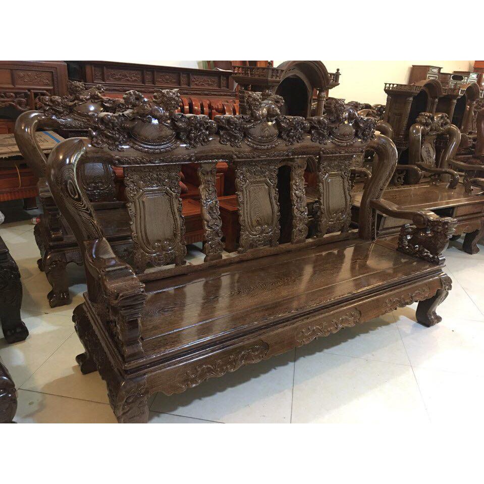 Bộ bàn ghế nghê 3 đầu gỗ mun đuôi công